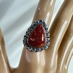 Natural pear goldstone gemstone ring silver plated stamped 925. Size 8 handmade